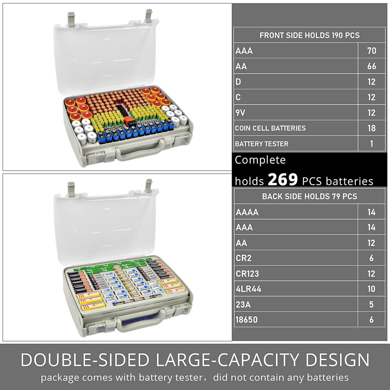 269 Slot Battery Organizer Case with Tester – Heavy Duty Storage Box for AA, AAA, 9V and More