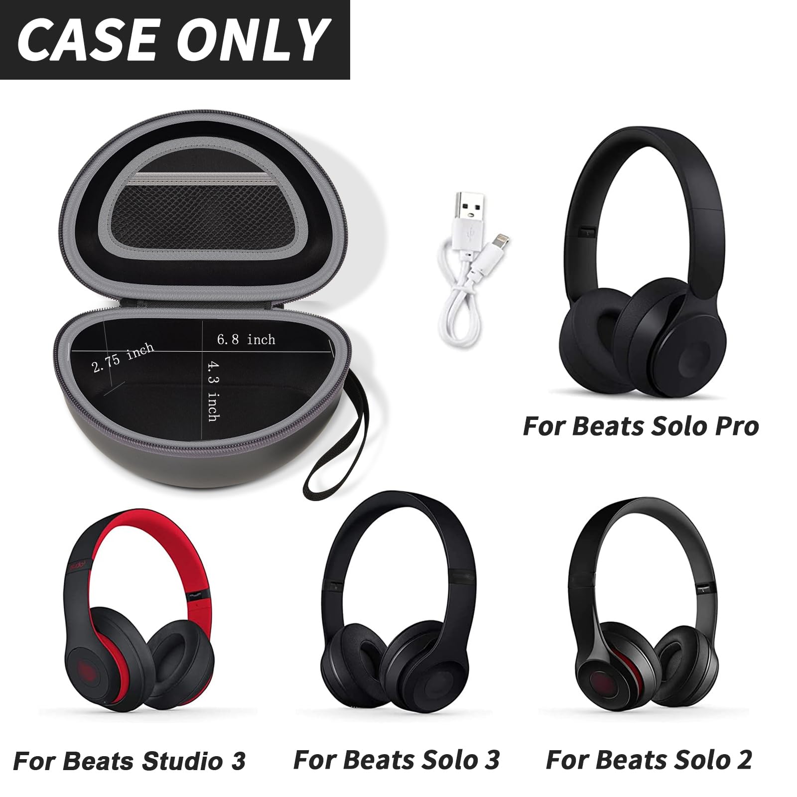 Shockproof Foldable Headphone Travel Case with Mesh Pocket – Compatible with Solo and Studio