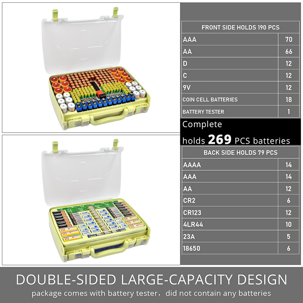 269 Slot Battery Organizer Case with Tester – Heavy Duty Storage Box for AA, AAA, 9V and More