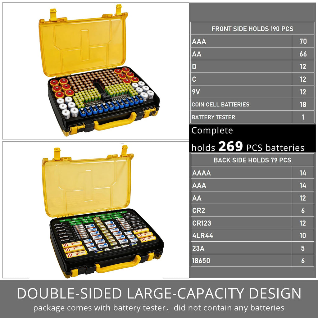 269 Slot Battery Organizer Case with Tester – Heavy Duty Storage Box for AA, AAA, 9V and More