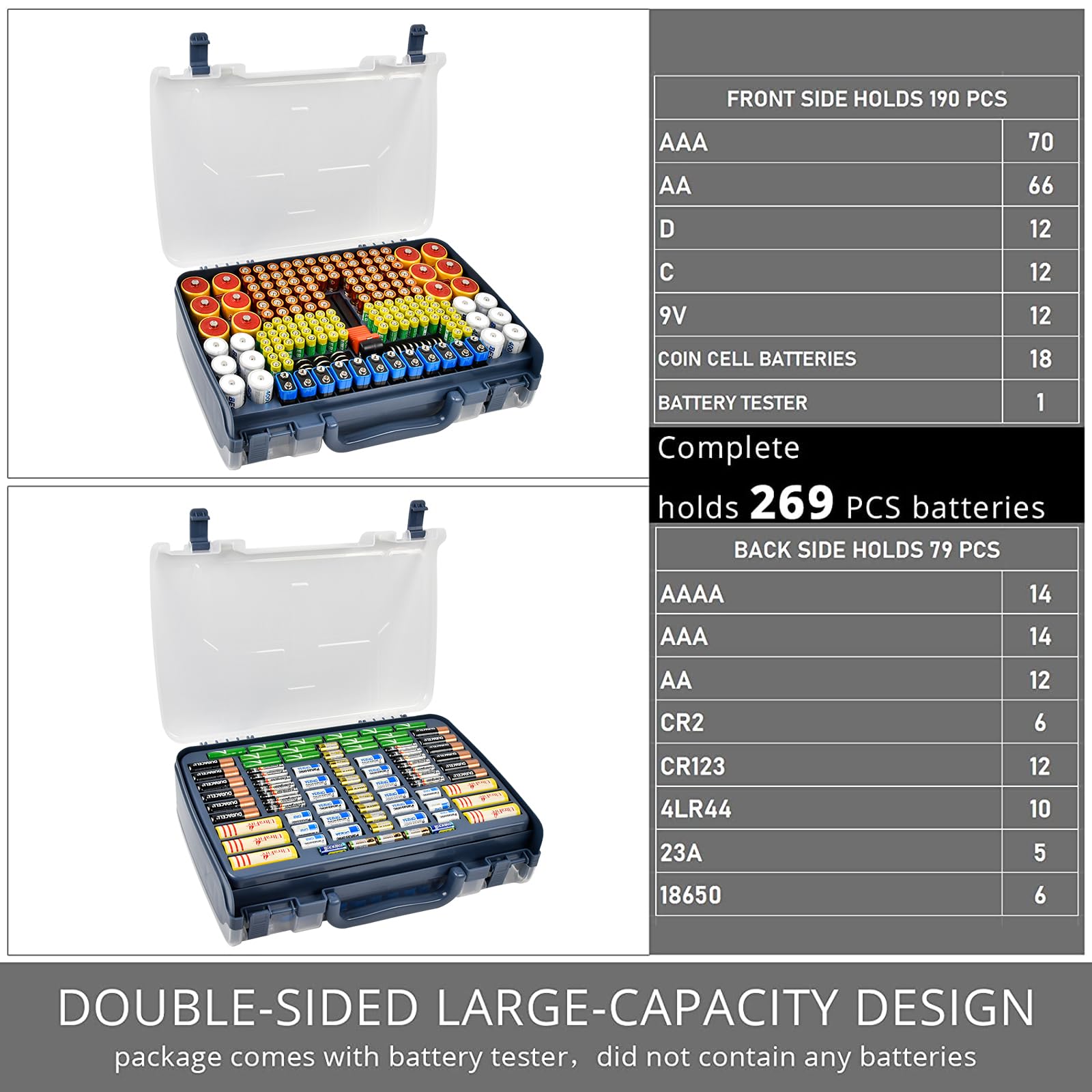 269 Slot Battery Organizer Case with Tester – Heavy Duty Storage Box for AA, AAA, 9V and More