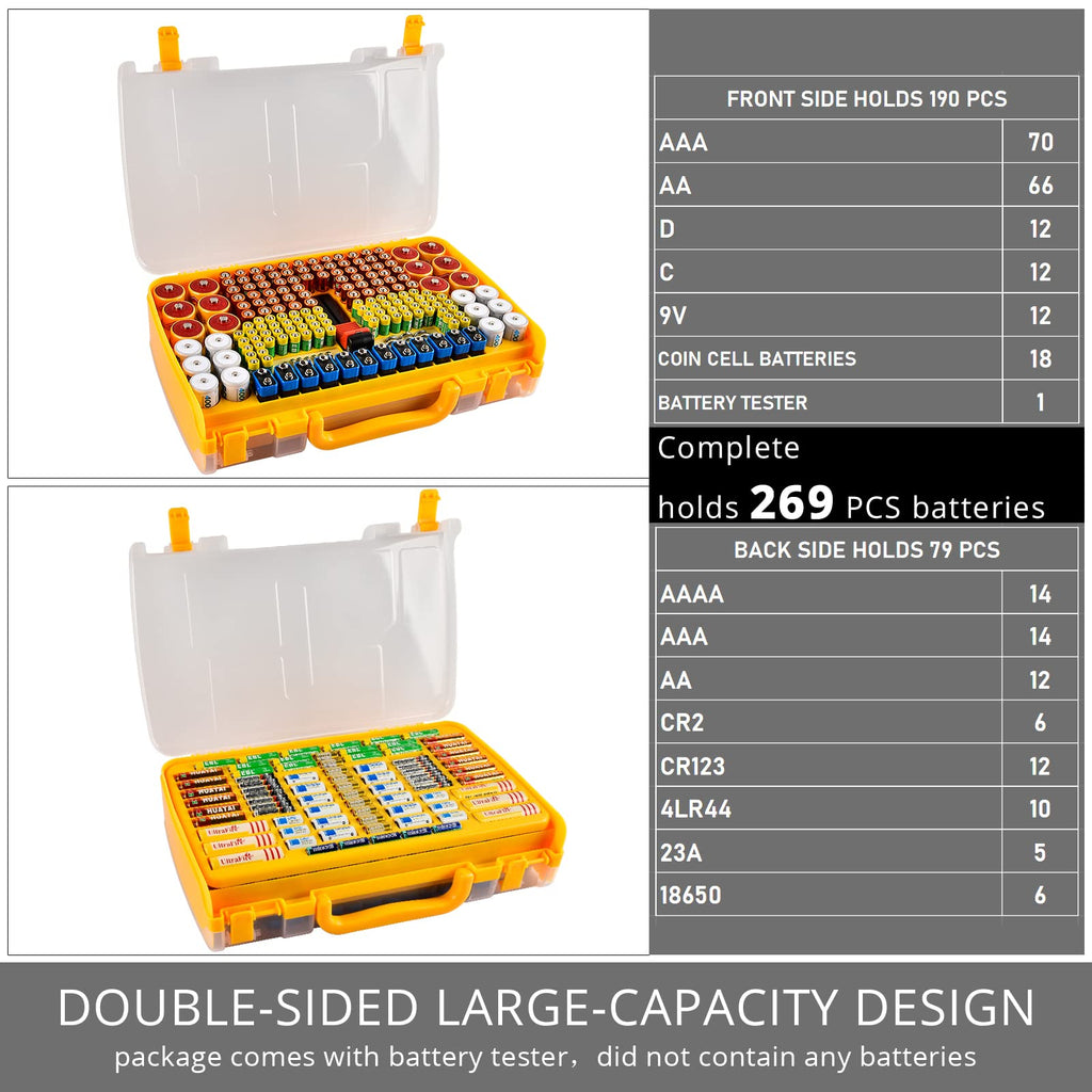 269 Slot Battery Organizer Case with Tester – Heavy Duty Storage Box for AA, AAA, 9V and More