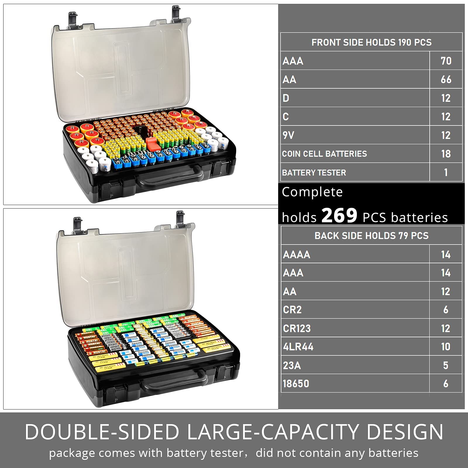 269 Slot Battery Organizer Case with Tester – Heavy Duty Storage Box for AA, AAA, 9V and More