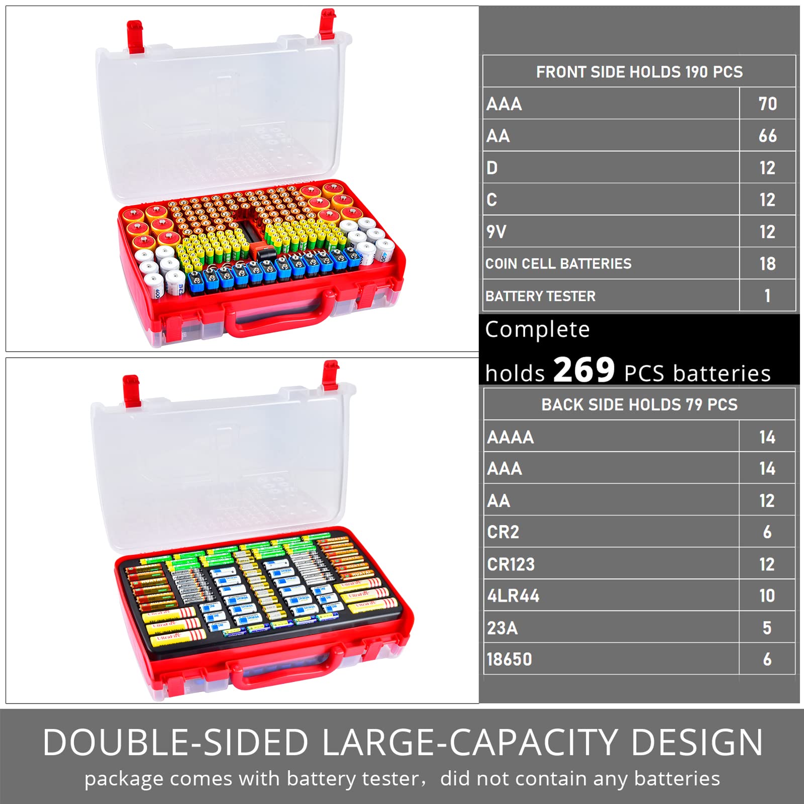 269 Slot Battery Organizer Case with Tester – Heavy Duty Storage Box for AA, AAA, 9V and More