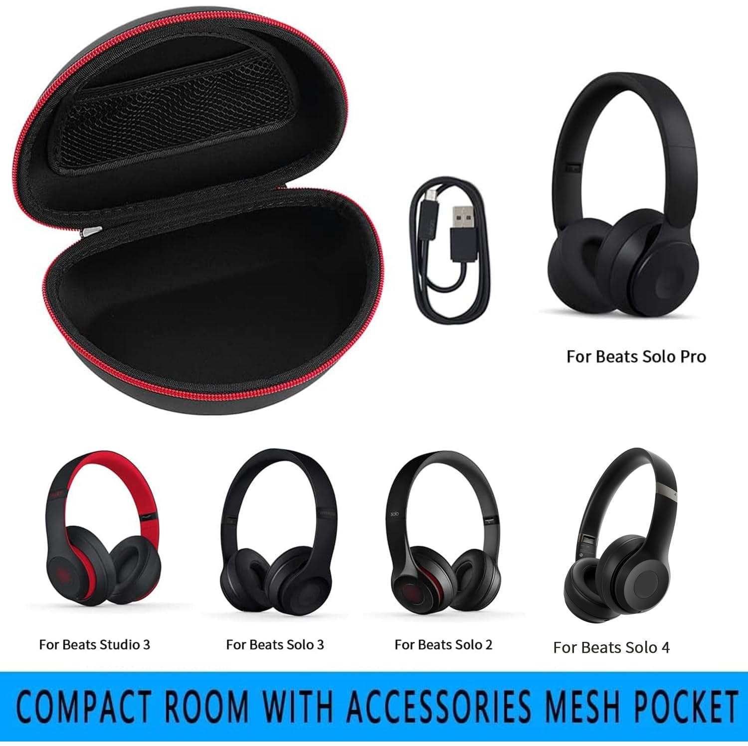 Shockproof Foldable Headphone Travel Case with Mesh Pocket – Compatible with Solo and Studio