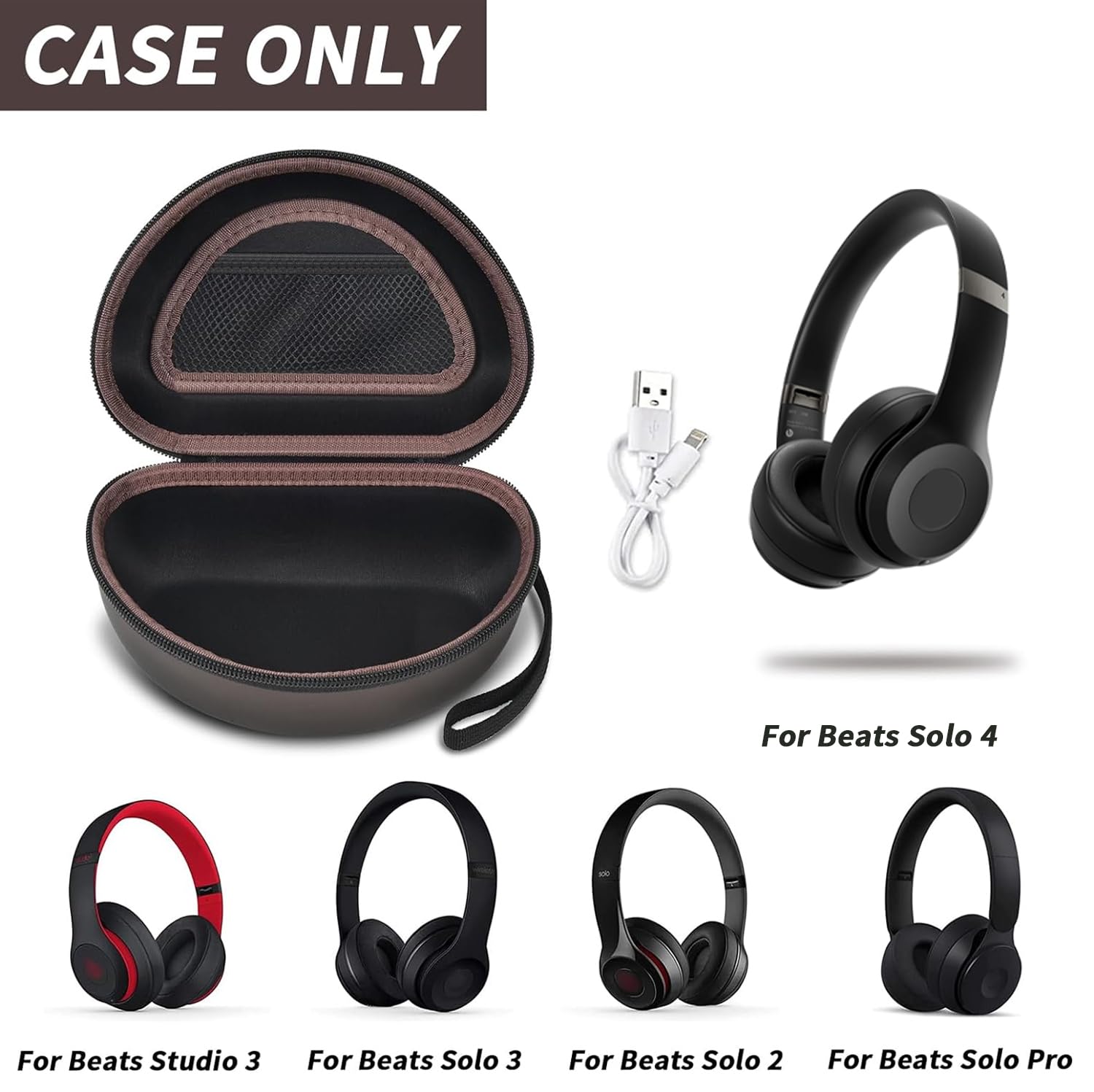 Shockproof Foldable Headphone Travel Case with Mesh Pocket – Compatible with Solo and Studio