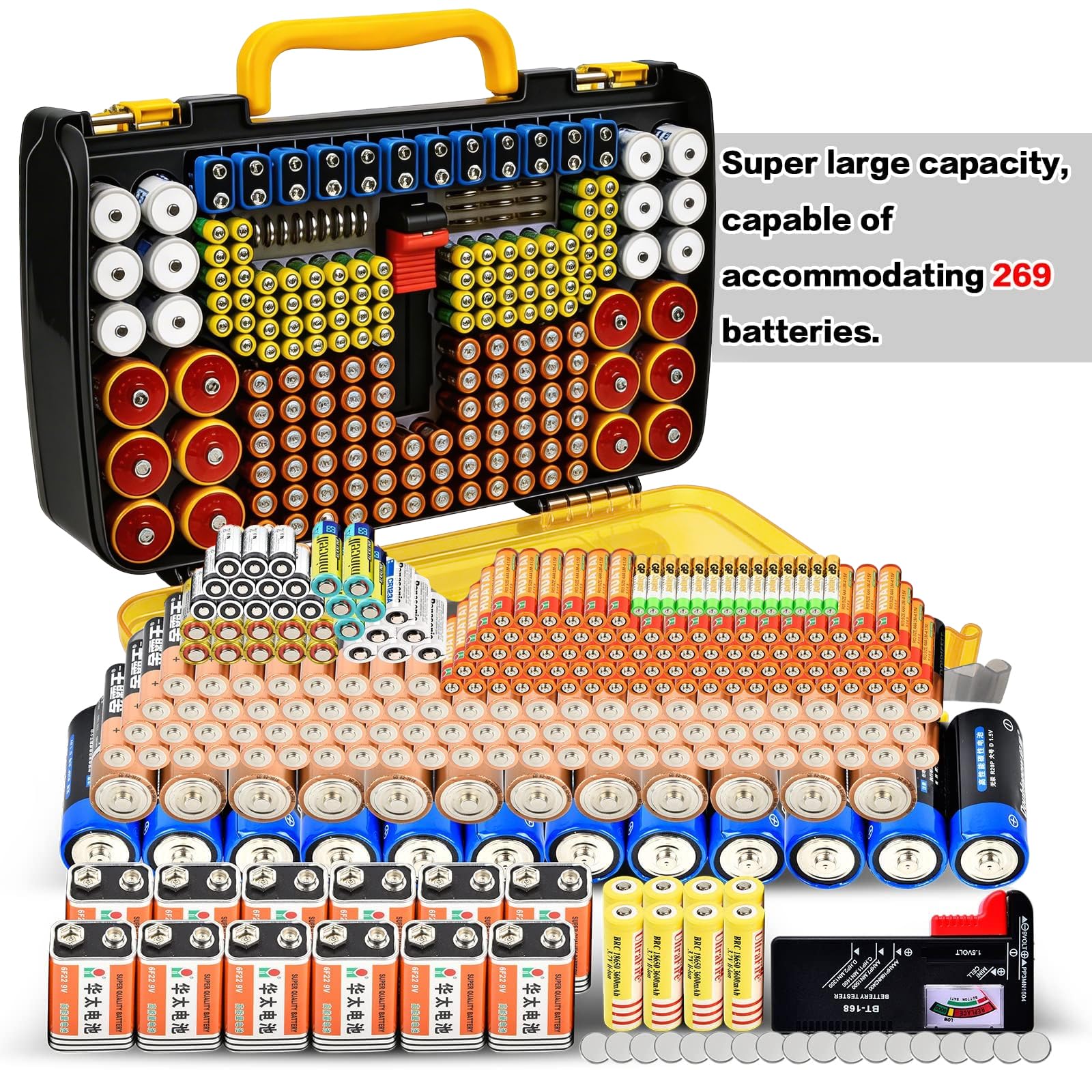 269 Slot Battery Organizer Case with Tester – Heavy Duty Storage Box for AA, AAA, 9V and More