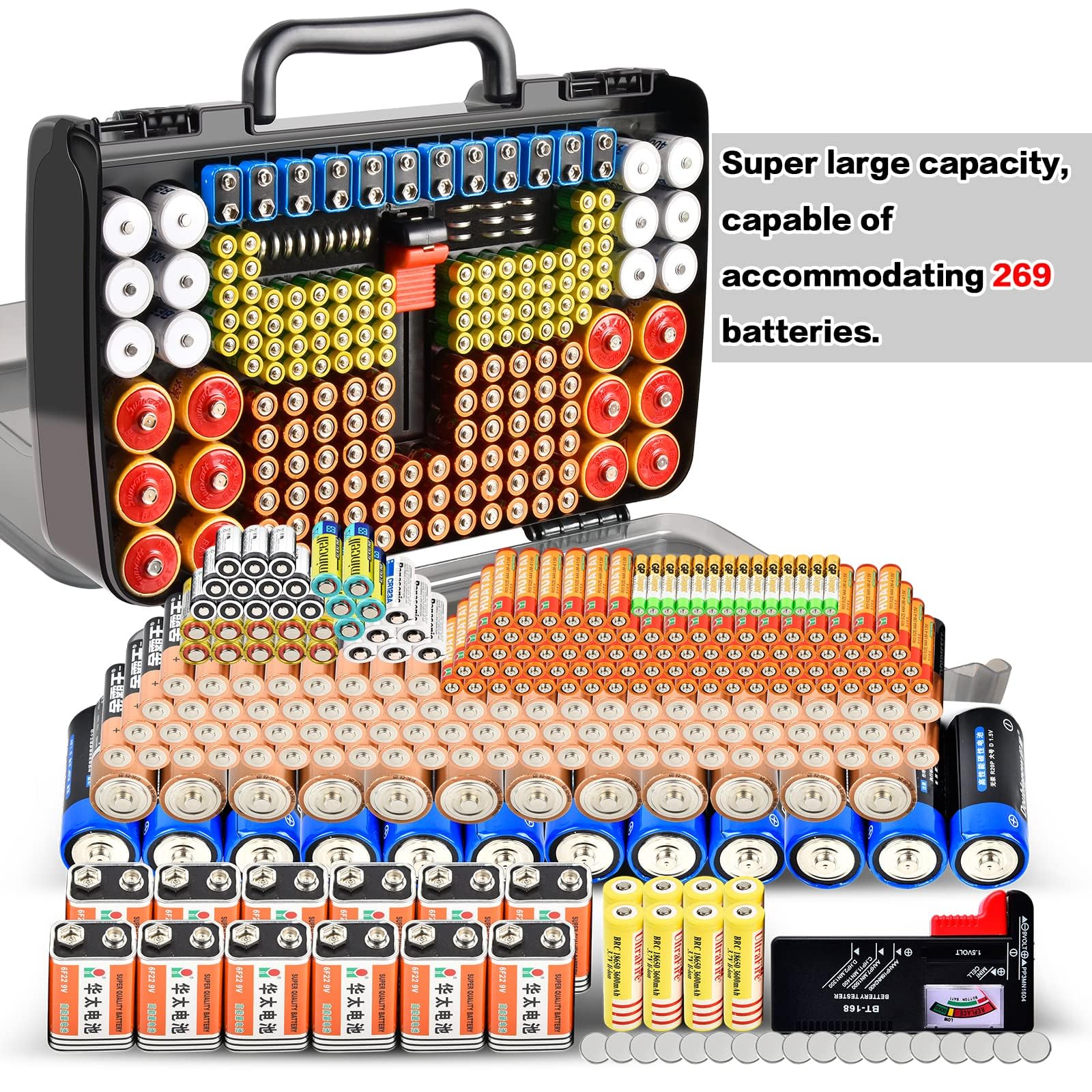 269 Slot Battery Organizer Case with Tester – Heavy Duty Storage Box for AA, AAA, 9V and More