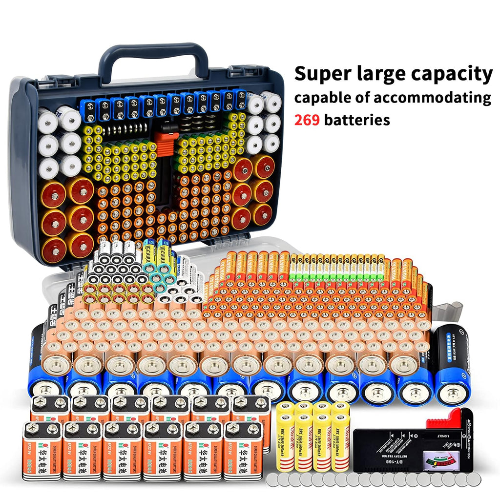 269 Slot Battery Organizer Case with Tester – Heavy Duty Storage Box for AA, AAA, 9V and More
