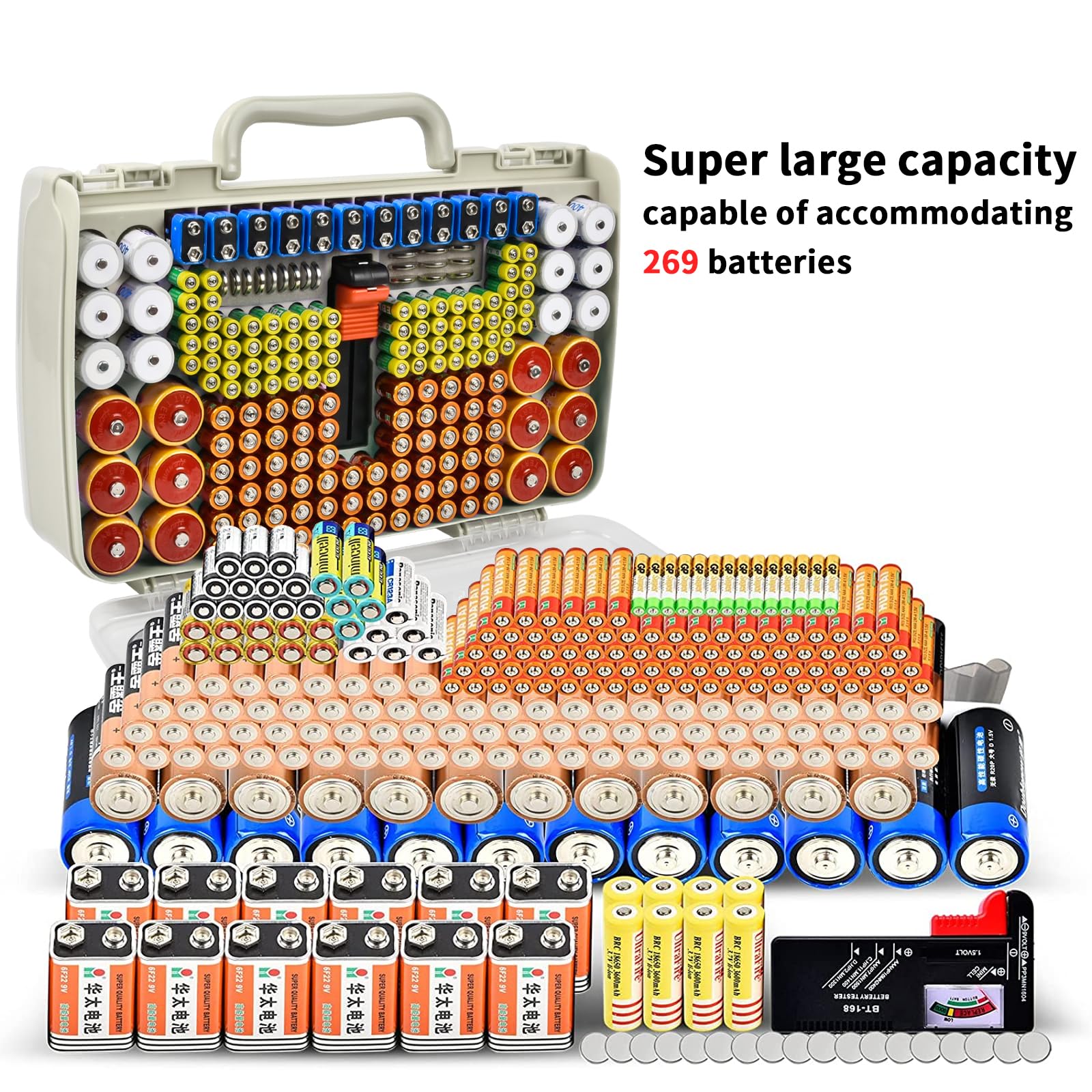 269 Slot Battery Organizer Case with Tester – Heavy Duty Storage Box for AA, AAA, 9V and More
