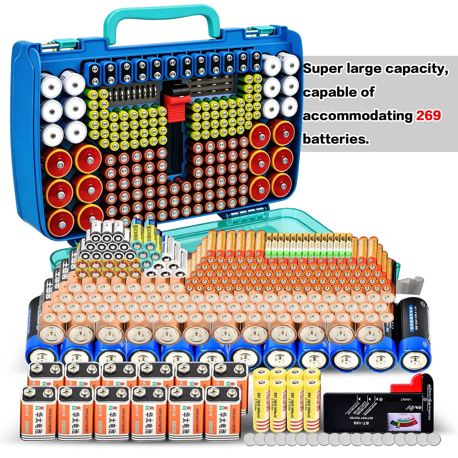 269 Slot Battery Organizer Case with Tester – Heavy Duty Storage Box for AA, AAA, 9V and More