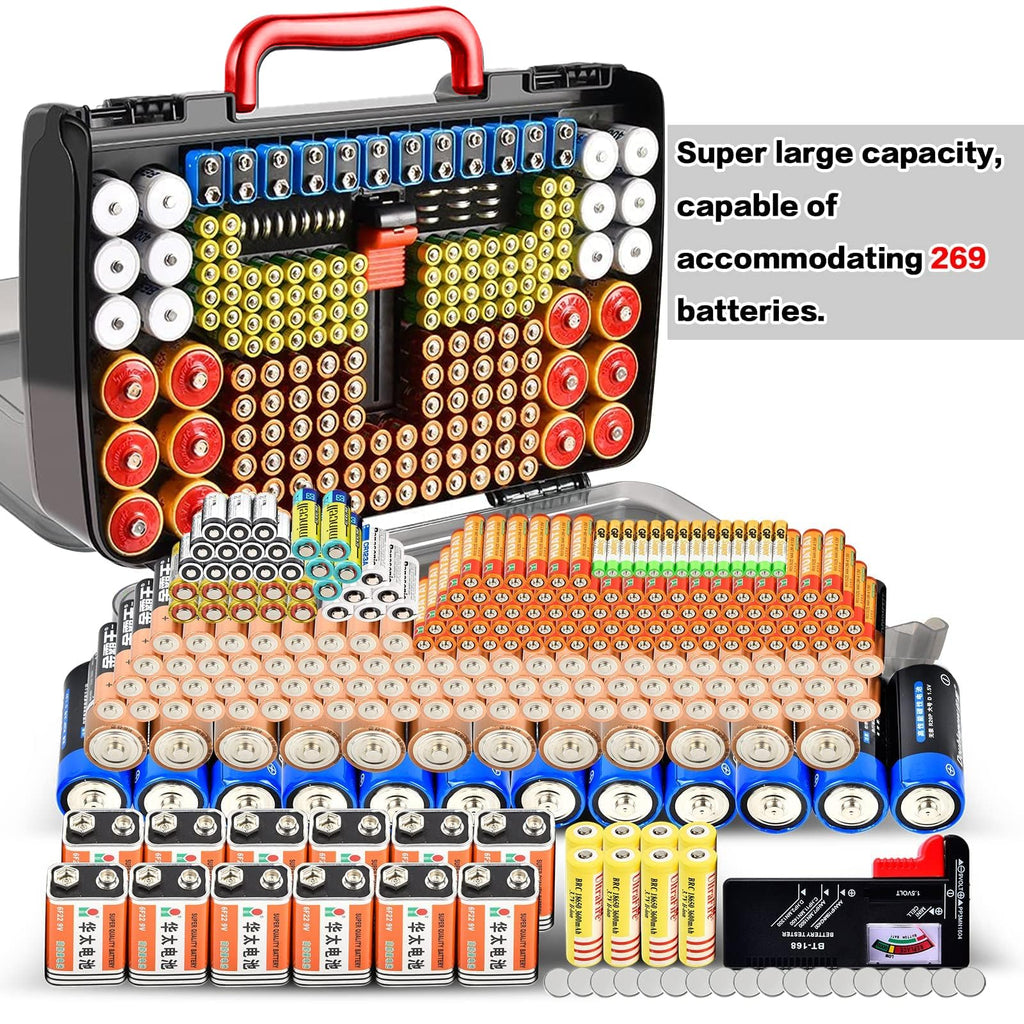 269 Slot Battery Organizer Case with Tester – Heavy Duty Storage Box for AA, AAA, 9V and More